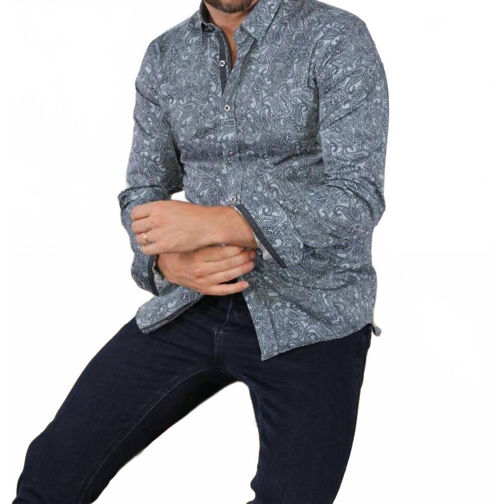 NEW EIGHT X sketch paisley button down shirt with trim in blue